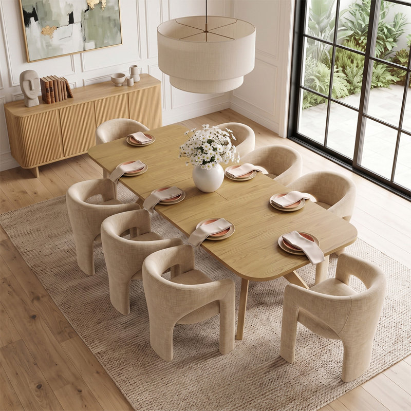 Ensemble de table de salle à manger extensible en placage de bois de 78" à 96" avec 8 fauteuils sculpturaux en chenille