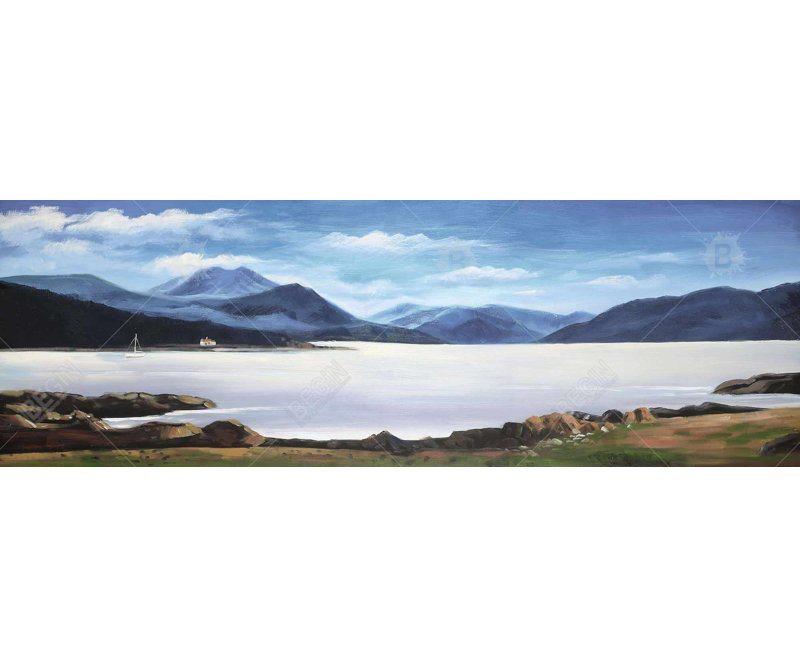 Toile des Highlands écossais - décor de magnifiques montagnes côtières, H 20 po x l 60 po, Bleu/gris