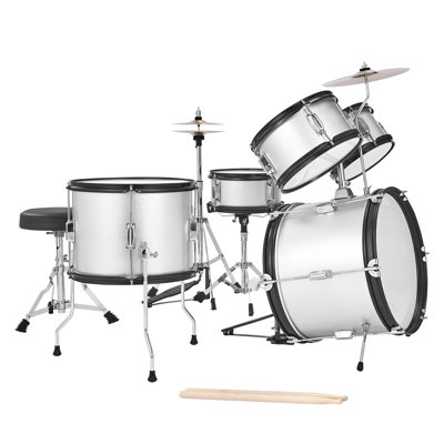 Ensemble de batterie pour enfants, ensembles de batterie pour enfants de 5 pièces 16 po, ensemble de batterie pour débutants avec trône réglable, cymbale et deux paires de baguettes, ensemble d'instruments de batterie d'apprentissage musical pour enfants de 6 à 13 ans (argent)