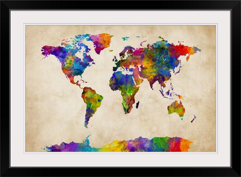 «Watercolor World Map» par Francy, impression d'art graphique, Cadre noir, H 24 po x l 32 po x P 1 po, Mauve / vert / bleu