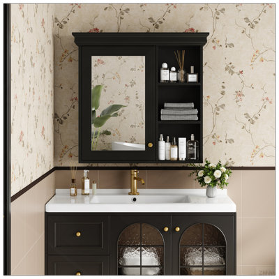 Armoire à pharmacie de salle de bain avec miroir 30 po x 28 po, armoire à miroir murale avec rangement, armoire de rangement noire au-dessus de la toilette pour salle de bain