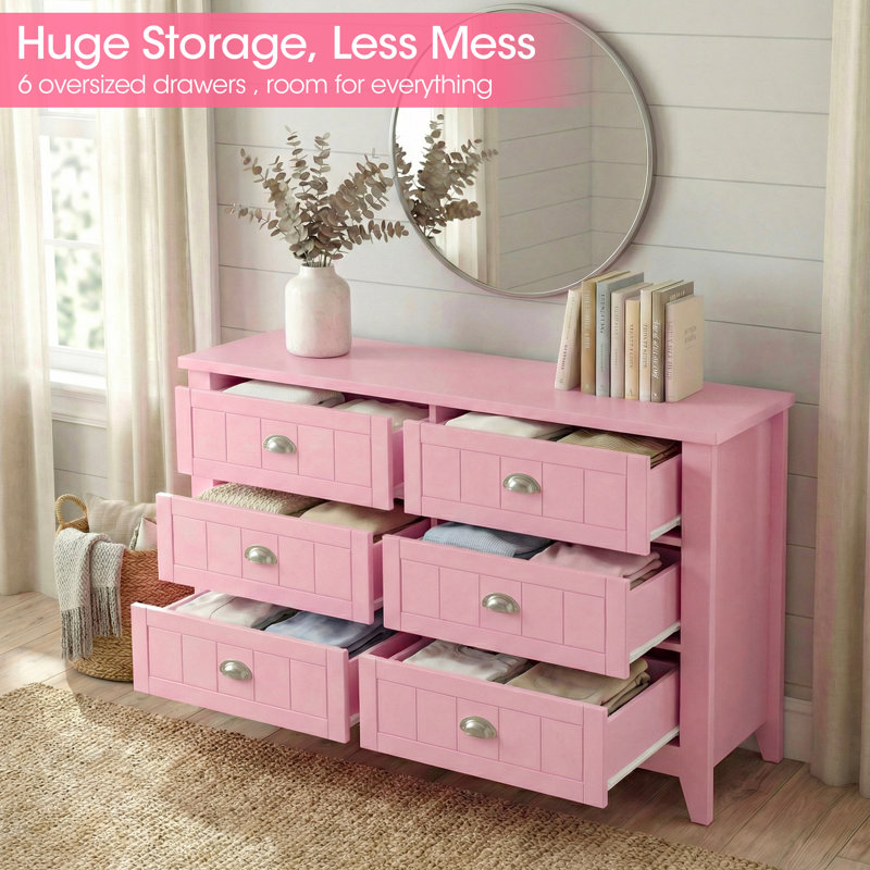Haven 47.2" Morandi Pink 6-Drawer Dresser – Wide Storage Chest With Silver Cup Pulls, Shaker-Style Fronts, Soft Pastel Finish