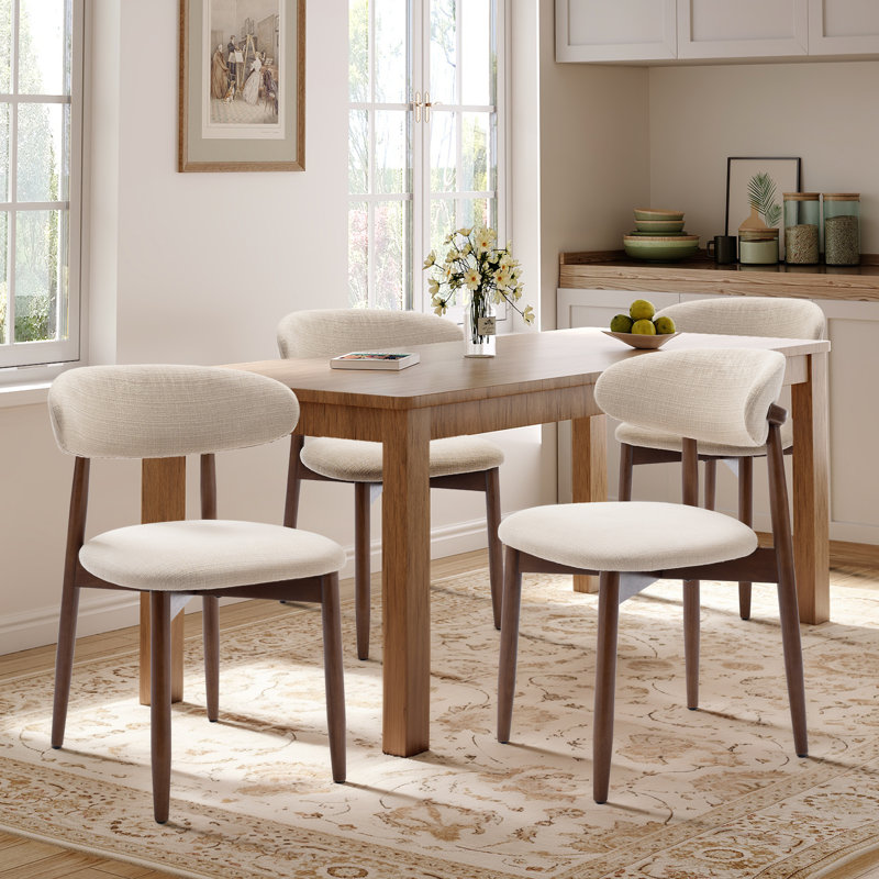 Modern Solid Wood Dining Chair, Upholstered Seat, Curved Ergonomic Backrest, Sturdy Frame Side Chair, Beige