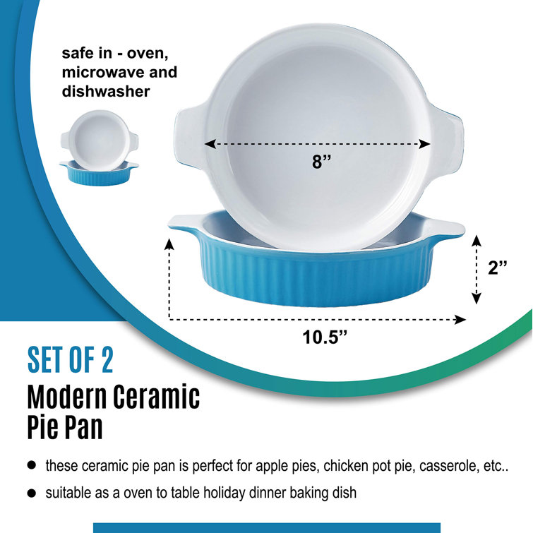 Bruntmor Ceramic Pie Pans Set 2 With Handles For Christmas Dinner Baking  Dishes/ Quiche Dish/ Apple Pie/ Tart. Oven Safe Nonstick Porcelain Round  Baking Plate/ Pot/ Tart Pan. 8/Teal
