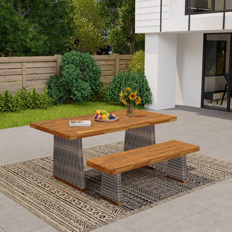 Ensemble de table de salle à manger en bois d'acacia gris avec 1 table et 1 banc, Gris