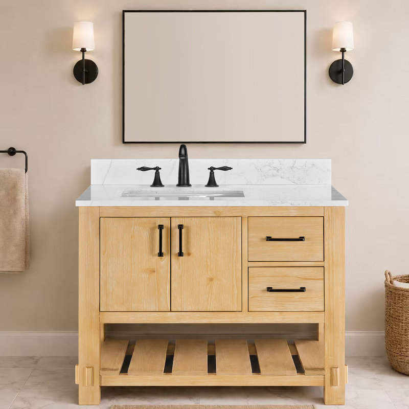 Meuble-lavabo de style campagnard de 91 cm (36 po) avec lavabo, en bois massif, 2 tiroirs, 2 portes à fermeture amortie, étagère de rangement ouverte, comptoir et dosseret en marbre de 2 cm (0,79 po), brun clair
