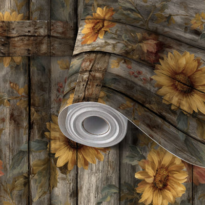 Peel and Stick Wallpaper Contact Paper Hand Painted Sunflower Print Aged Barn Wood Design Self Adhesive and Removable 17.7in x 118in(45x300cm)