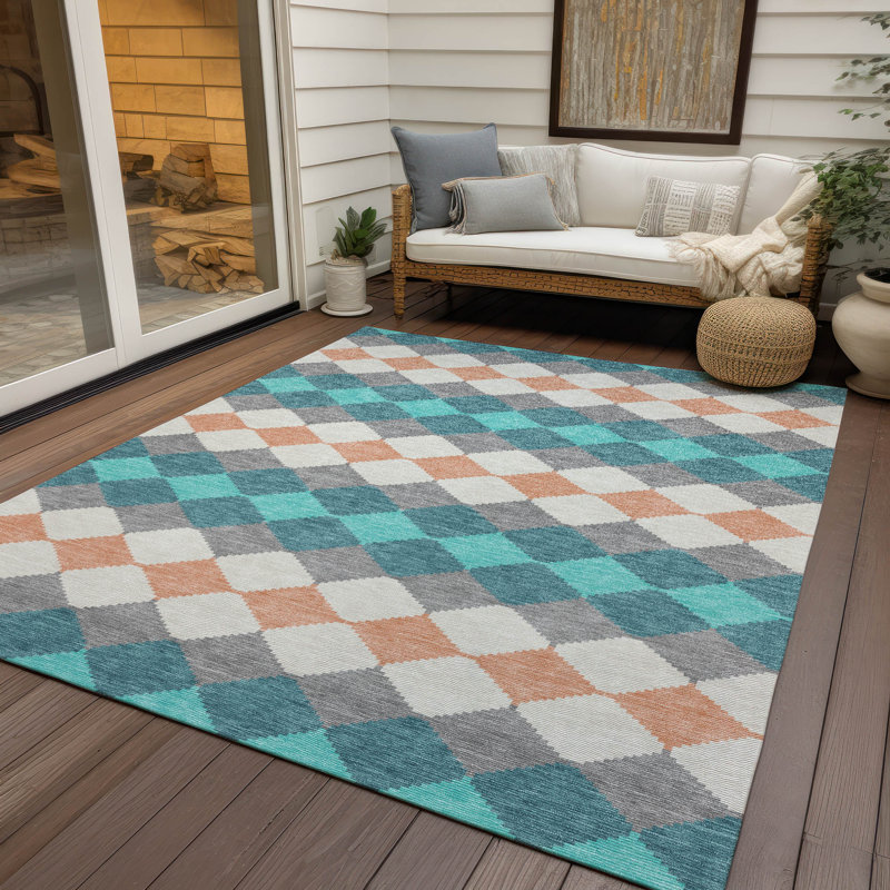 Eira Teal Washable Indoor-Outdoor Rug - , 5' x 7'6"