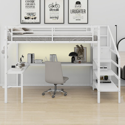 Lit mezzanine avec bureau en L et port USB, armoire et tablette réglable et DEL
