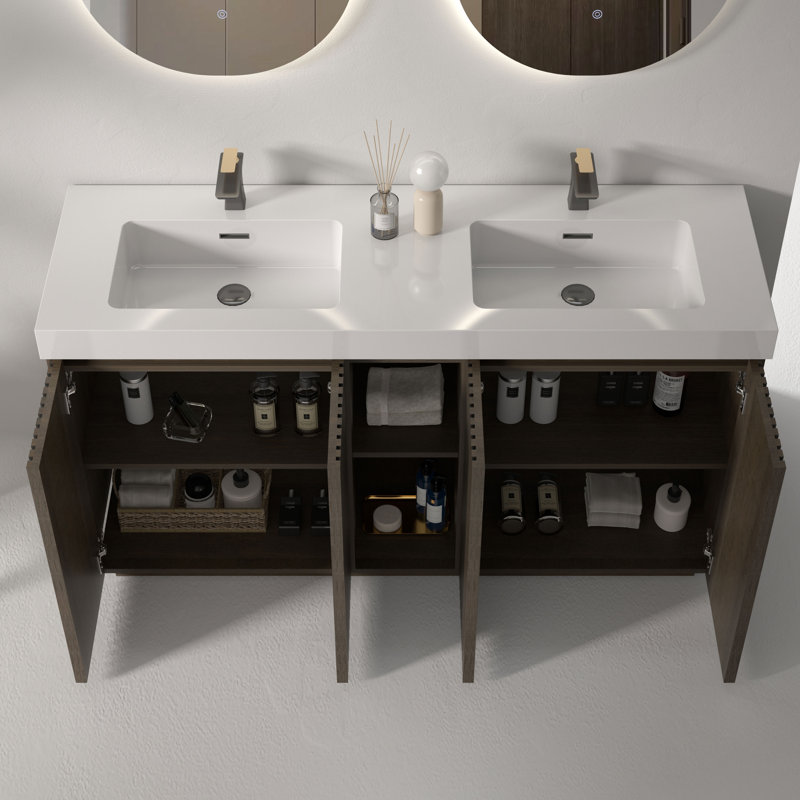 Bathroom Vanity with Solid Surface Top, 60", White/Dark Brown, Single-Hole