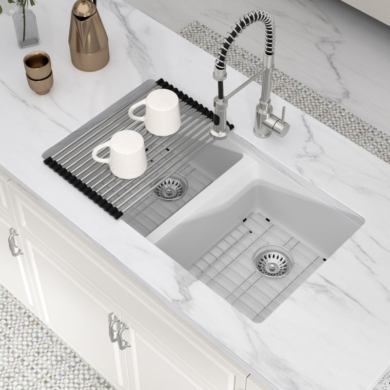 33'' L Double Bowl Quartz Kitchen Sink, White