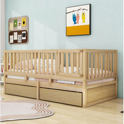 Wooden Daybed with Safety Guardrails and Convertible Split Design