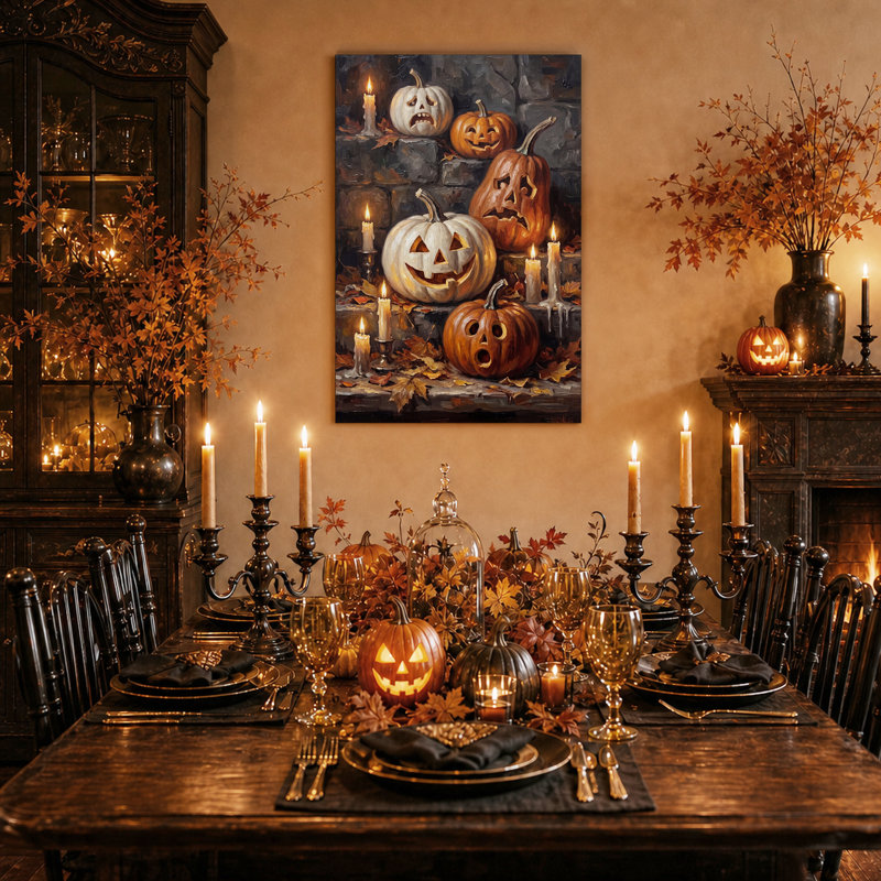 Citrouilles blanches et orange sculptées à la lumière des bougies - Toile murale d'Halloween, 40"H x 28"W