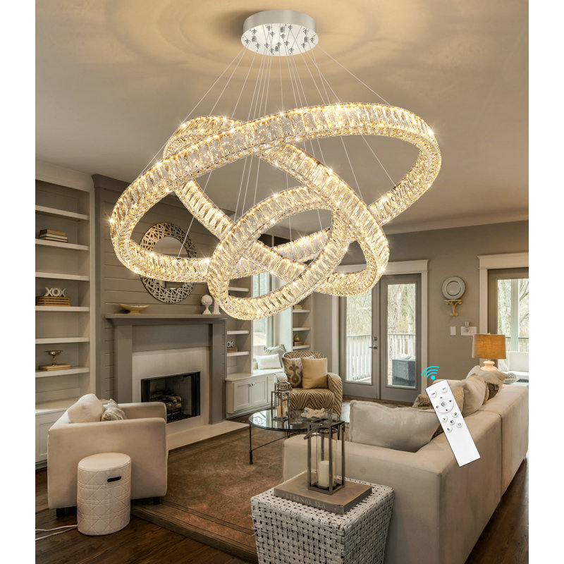 Large Dimmable Chandelier Led Crystal Rings, Silver, 78" H x 39.4" W x 39.4" D