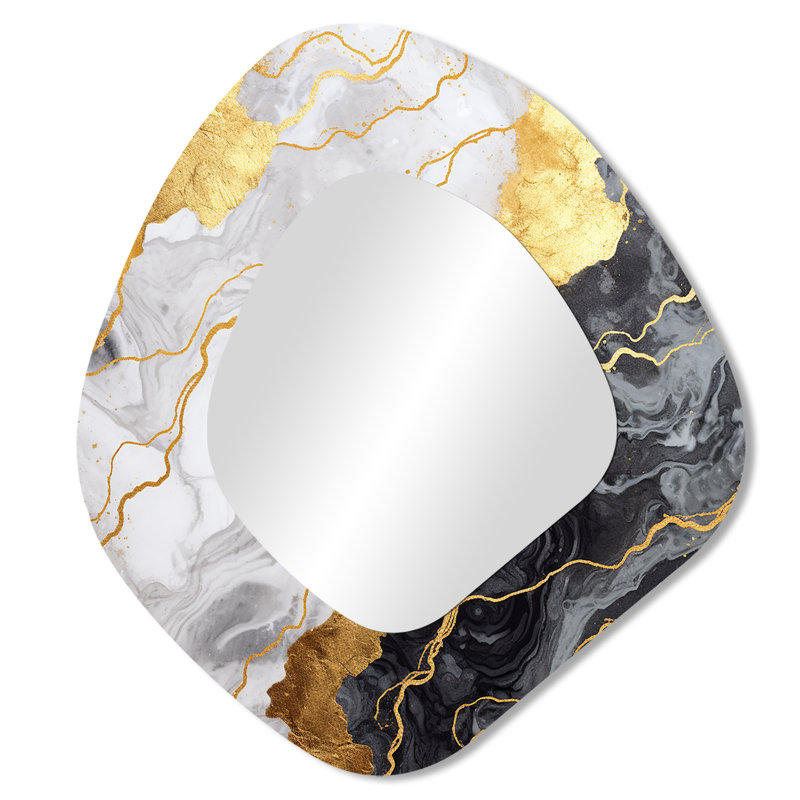 Burchard Gold and grey abstract marble mirage  III - Marble Irregular Shape Mirror, Gold Asymmetrical Decorative Wall Mirror, Printed Metal Art