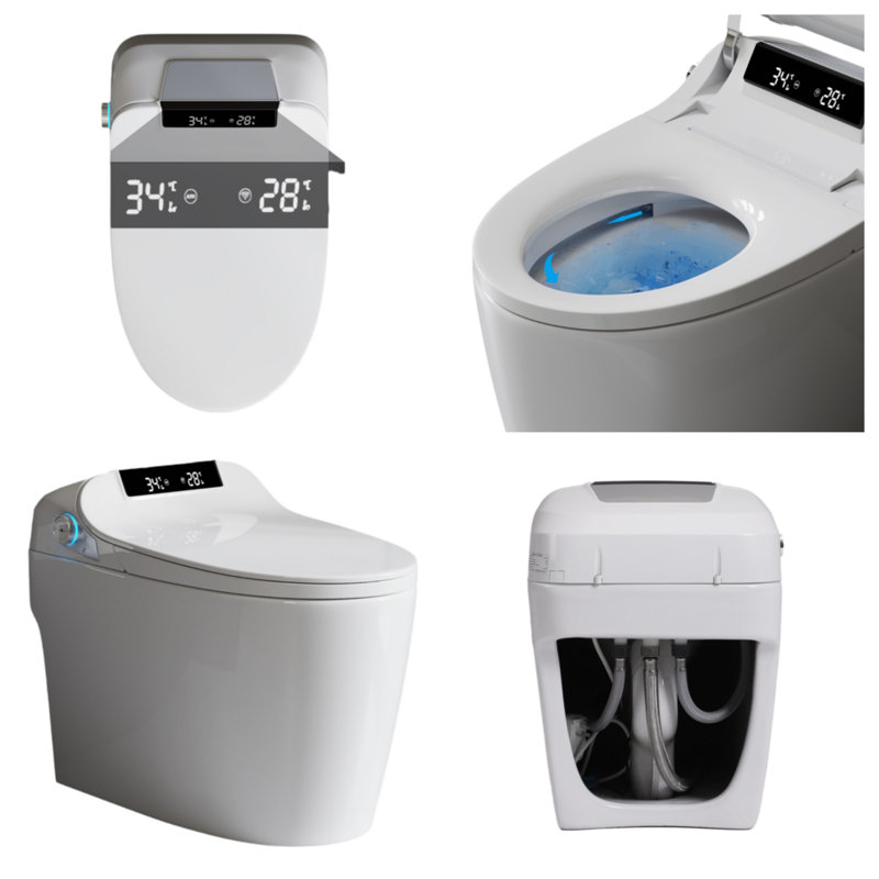 Unité intégrée de couvercle de siège de toilette / anneau Smart avec couvercle de capteur de pied / ouvre-anneau, buse autonettoyante, affichage à DEL et télécommande, blanc