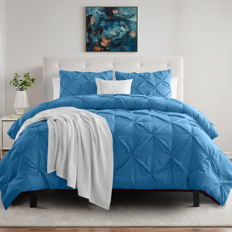 Luxury Brushed Microfiber Pintuck Duvet Cover Set - Soft, Wrinkle-Resistant, All-Season Bedding, Washed Blue