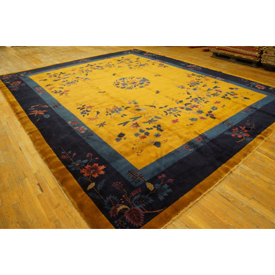 Antique Art Deco Chinese Floral Medallion Yellow Gold Color Area Rug