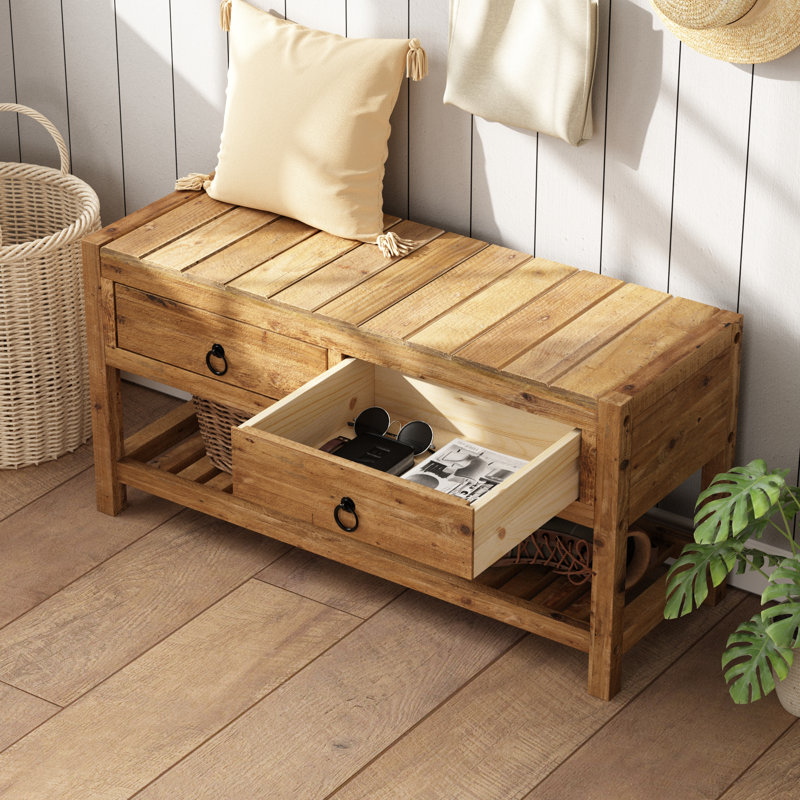 Banc de rangement en bois massif récupéré avec tablettes de rangement, H 15,7 po x l 31,4 po x P 11,8 po - 2 tiroirs