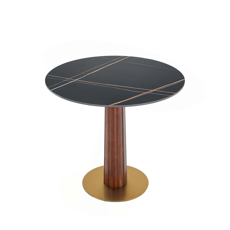 Table de salle à manger contemporaine en pierre frittée 33,5 "pour 2 personnes avec un pied piédestal rond en bois et une base dorée pour les petits espaces