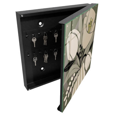 Decorative key box for wall, Opens to the left, 30x30x5, Black, Plant motifs in delicate colors, 