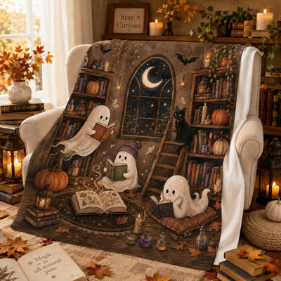 Cozy Ghost Reading Halloween Blanket, Vintage Library Flannel Throw with Books, Black Cat, Crescent Moon, Pumpkins and Potions for Sofa Bed Fall, 30 x 40 in