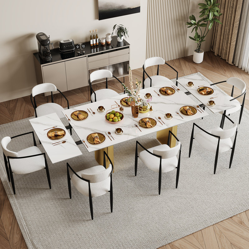 Ensemble de table de salle à manger 9 pièces avec table de salle à manger extensible en fritté de 94,5 po avec 8 chaises en tissu