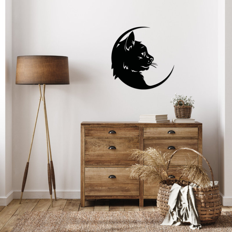 Art mural en métal chat lune - décor de silhouette de chat céleste - conception de phase de lune de ciel nocturne - suspension murale minimaliste moderne - sculpture en métal industrielle rustique - décoration pour amoureux des animaux de compagnie - pièce d'art remarquable