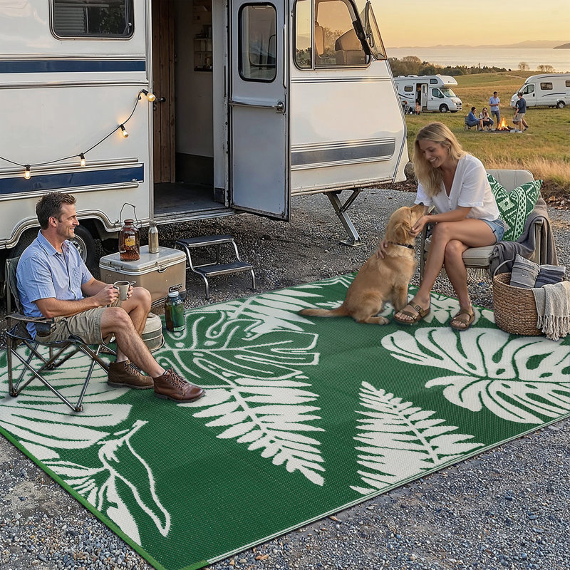 Ellie Reversible Green Leaf Outdoor Rug, Rectangle 9' x 12', Green