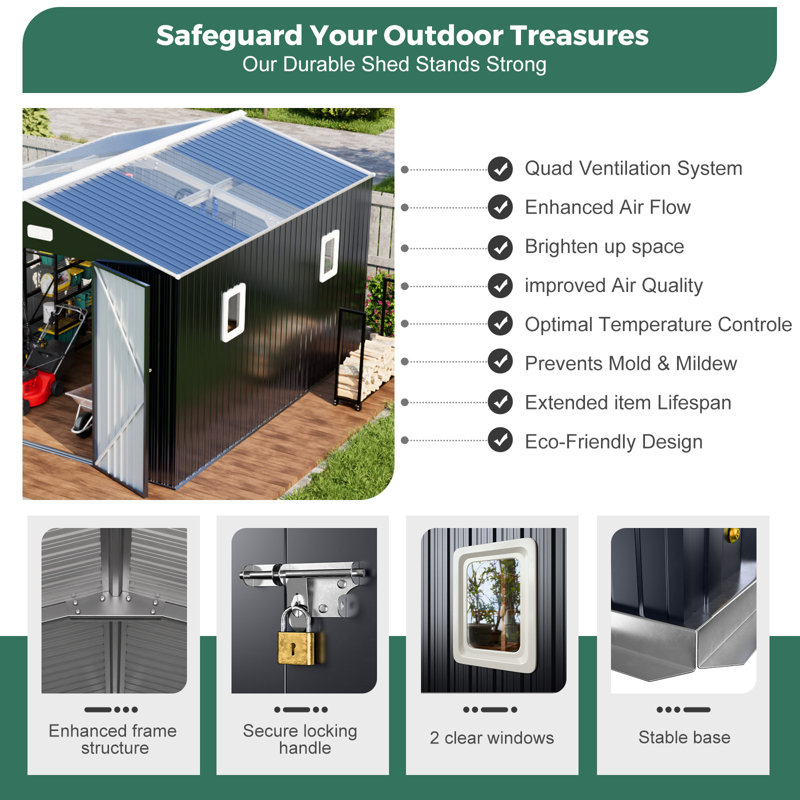 Remise de rangement en métal 10 x 12 pi avec structure de plancher très grande maison de rangement imperméable avec fenêtres de toit transparentes pour évent de jardin, tondeuse à gazon