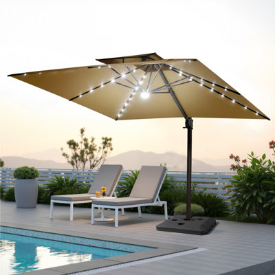 Parasol extérieur carré en porte-à-faux à DEL 128 po x 128 po, poids de comptoir inclus
