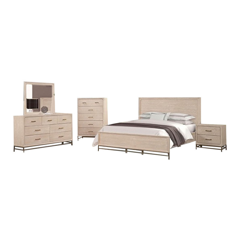 Ensemble de chambre à coucher grand, commode, miroir de commode brun clair 5 pièces Rozie