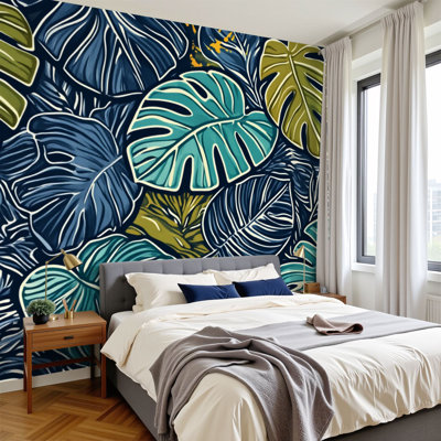 Peel and Stick Wallpaper Tropical Monstera Leaves Bold Greens Blues Wall Murals 100"H x 144"W Removable PVC Wall Paper Self-Adhesive Botanical Wall Decor for Bedroom Living Room
