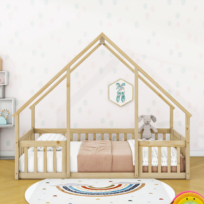 Wood House-Shaped Floor Bed With Guardrails, Natural, Twin
