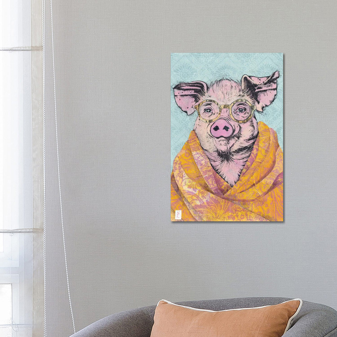 Pig In A Cashmere Shawl von Sharlene Loomis - Galerie-verpackte Leinwand Giclée auf Leinwand