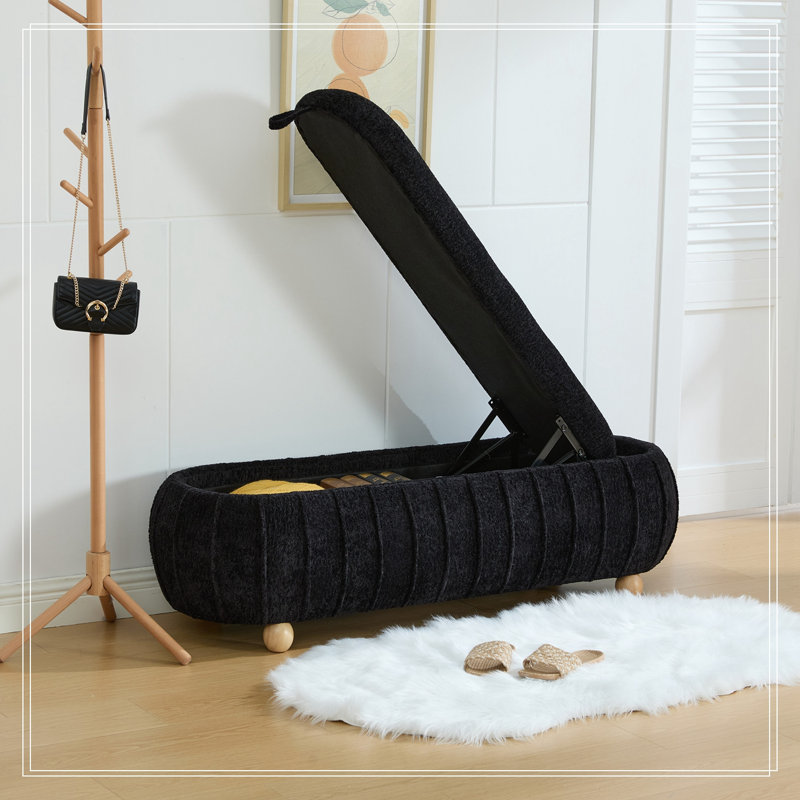 Banc de rangement capitonné à couvercle rabattable avec pattes en bois, Black