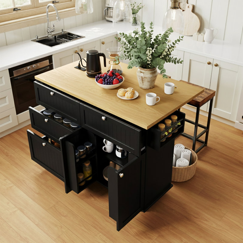 3-Piece Farmhouse Kitchen Island Set with 2 Stools, Drop Leaf Kitchen Table with Power Outlet and Storage Cabinet, Black