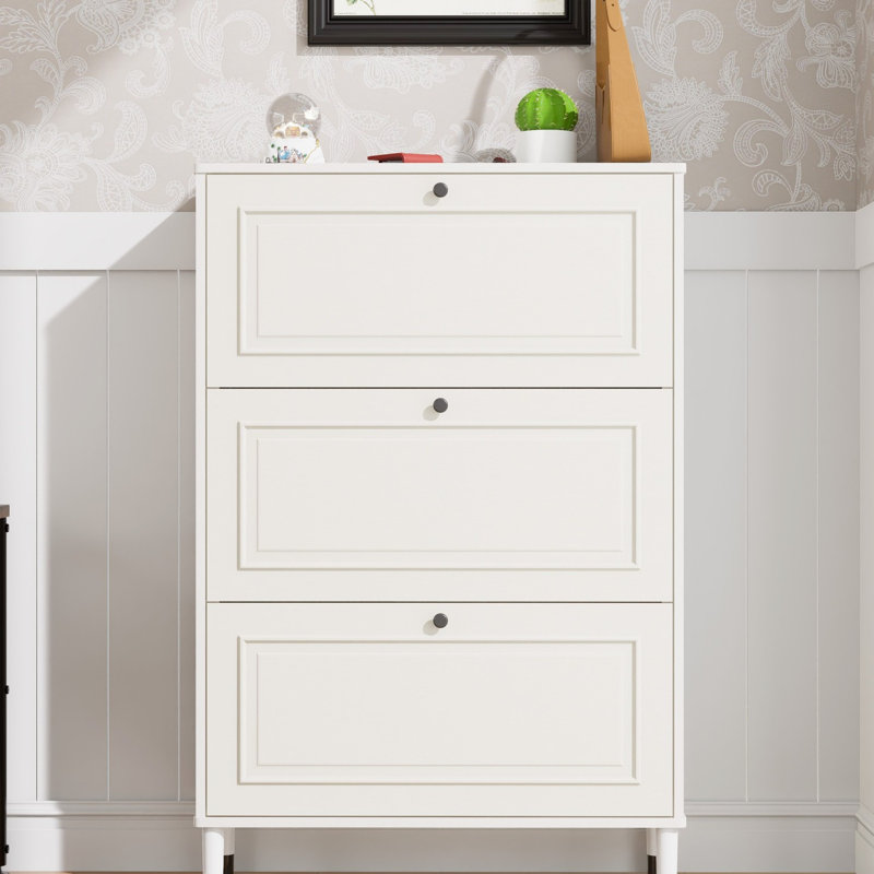 Range-chaussures pour hall d'entrée avec 3 tiroirs rabattables, armoire mince autoportante, finition blanche élégante, fonctionnalité à l'épreuve, système Smart Divide, espace de rangement vertical, protection des pointes, cadre renforcé,
