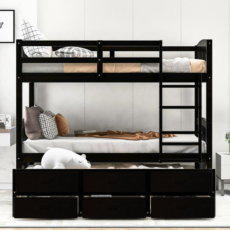 Lit simple superposé au dessus d'un lit gigogne et tiroirs - Porte-revues compact, Espresso