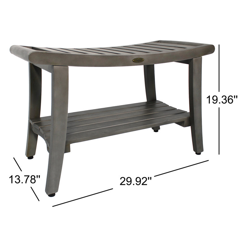 Coastal Vogue Harmony 30" Teak Shower Bench with Shelf Antique Gray Shower Bench for Inside Shower