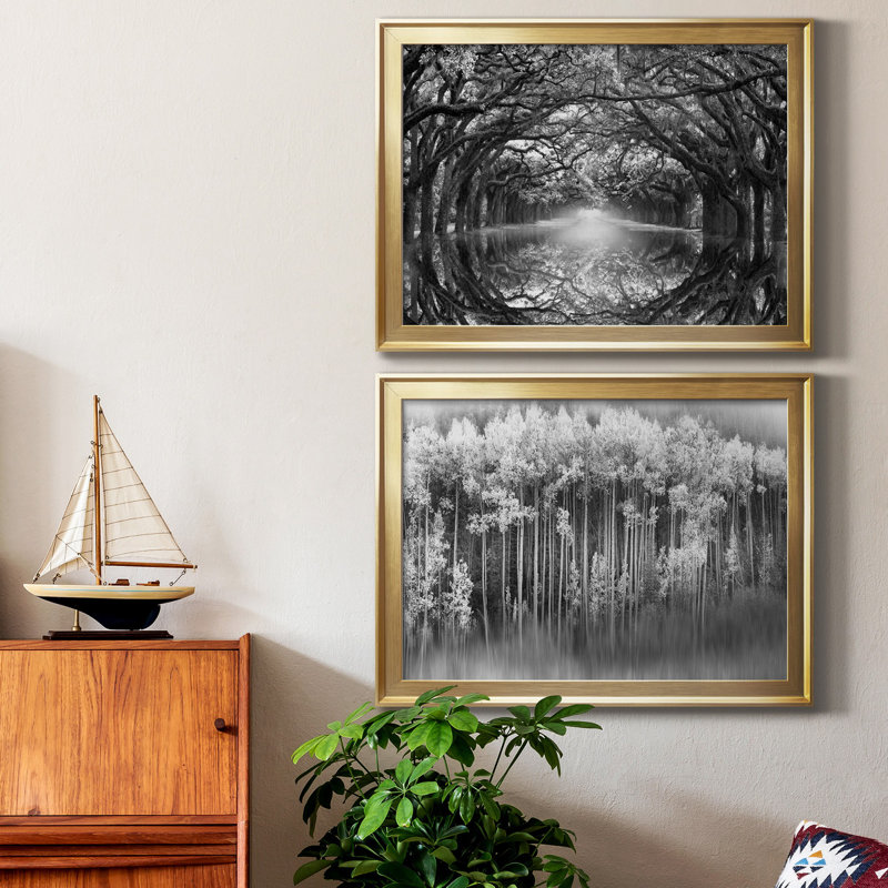 Oak Alley Reflection - reproduction de photo sur toile encadrée, H 22,5 po x l 61 po x P 1,5 po, Or, Blanc