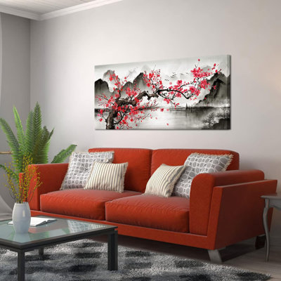 Large Plum Canvas Wall Art Traditional Chinese Painting Mountain Lake Flower Blossom Tree Picture Prints Modern Black And Red Landscape Artwork Kitchen Home Living Room Bedroom Decor Framed