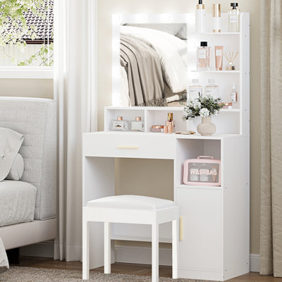 Bureau de coiffeuse avec miroir et 10 lumières DEL, coiffeuse de maquillage avec 3 tablettes et 4 compartiments ouverts, coiffeuse avec grand tiroir et armoire, 3 luminaires réglables, blanc
