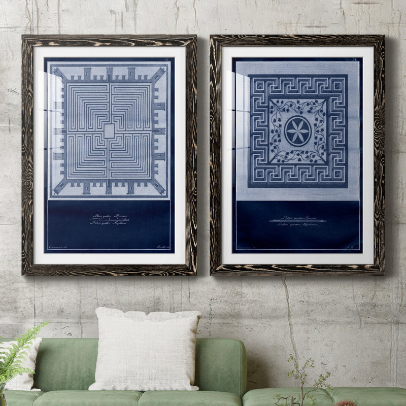 Indigo Tile I - 2 pièces, H 37,5 po x l 55 po x P 1,5 po, Papier encadré noir