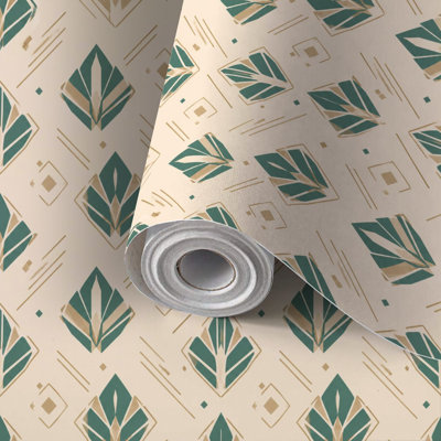 Papier de contact à peler et coller papier à motif géométrique art déco vert sarcelle, beige, abstrait, botanique, auto-adhésif et amovible 24 po x 118 po (60 x 300 cm)