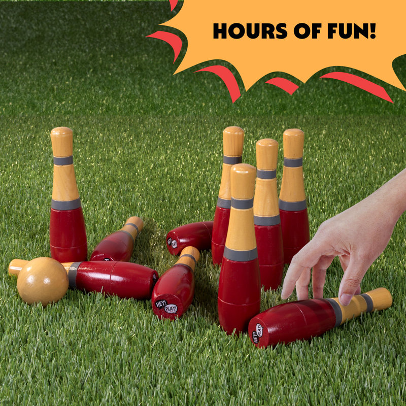 Wooden Lawn Bowling - Adults and Kids Bowling Set with 10 Pins, 2 Balls, Carry Bag - Indoor and Outdoor Games - Skittle Yard Games (Red)