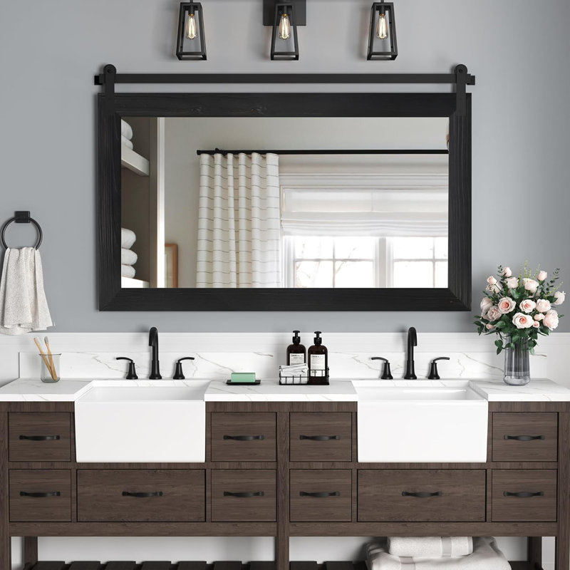 Rural Farmhouse Barn Bathroom Mirror - Wooden Frame Wall Mirror, Rectangular Wall Decorative Mirror, Metal Bracket Decorative Barn Door Style Mirror For Bathroom Entrance, Living Room And Bedroom