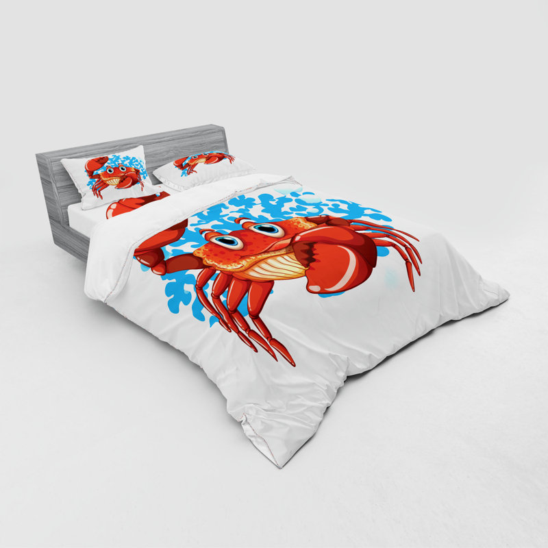 Ensemble de housse de couette en microfibre rouge / bleu / orange Crabs, Housse de couette grand + 3 pièces supplémentair