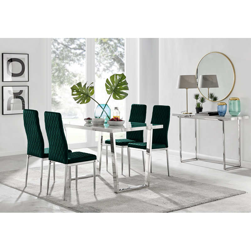 Kylooe Modern Marble and Silver Dining Table Set With 4 Quilted Velvet Dining Chairs, Black/Silver, White Marble/Silver