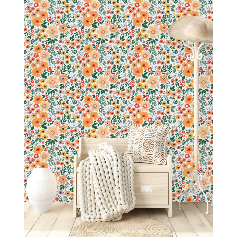 Panneau de papier peint fleurs orange, L 25 po x L 125 po
